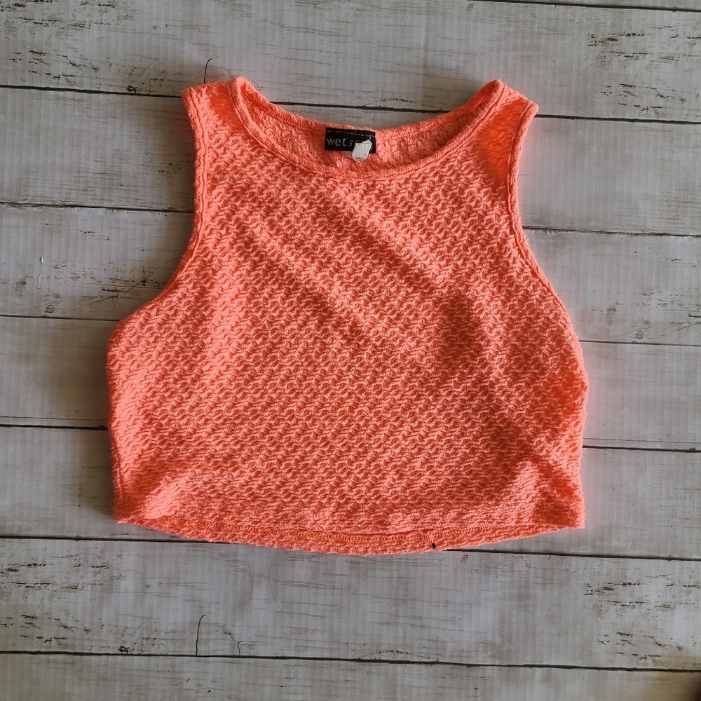 Wet Seal Neon Coral Textured Knit Sleeveless Crop‎ Top Women L